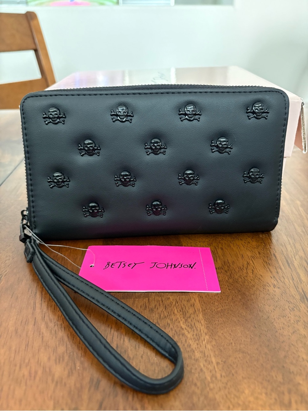 Betsey Johnson Black Skull-Stud Wristlet Wallet